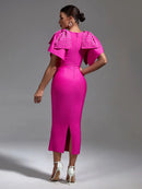 Pink Beaded Ruffle Bandage Midi Party Dress
