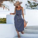Navy Striped Drawstring Waist Maxi Dress For Women Sexy Scoop Neck Holiday Loose Casual A-line Dress 2023 Summer Female Sundress, ibuyxi.com