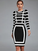 Elegant Black And White Long Sleeve Midi Dress, iBuyxi.com