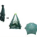 Green fishing net transforming into an umbrella-like structure on a white background.