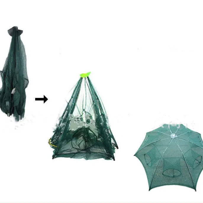Green fishing net transforming into an umbrella-like structure on a white background.