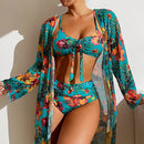 Floral Printed Three Piece Swimsuit Bikini Set, ibuyxi.com