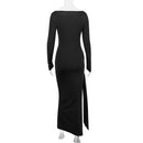 Hollow Out Slash Neck Split Off-Shoulder Full Sleeve Bodycon Maxi Dress, ibuyxi.com