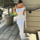 Off-shoulder Backless Sleeveless Ruffle Thigh High Split Maxi Dress, ibuyxi.com