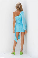 One Shoulder Backless Robe Two Layer Oblique Neck Ruched Mini Dress, ibuyxi.com