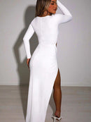 Articat Sexy Hollow Out Ruched Women Dress Red Long Sleeve High Slit Maxi Dress Female Autumn Skinny Elegant Party Clubwear 2022, ibuyxi.com