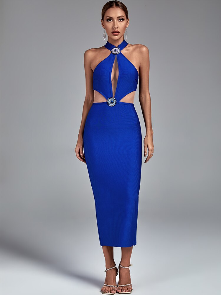 Blue Crystal Cut Out Bandage Outfit Runway, ibuyxi.com
