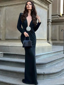 Deep V Neck Rhinestone Gowns Maxi Dress