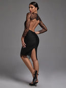 Black Lace Backless Long Sleeve Bodycon Dress, ibuyxi.com