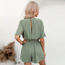 Black Belted Backless Romper For Women Sexy Boat Neck Short Sleeve Short Playsuit 2023 Spring Summer Bodysuit Jumpsuit Overalls, ibuyxi.com