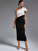 One Shoulder Maxi Bodycon Dress with Color Block, ibuyxi.com