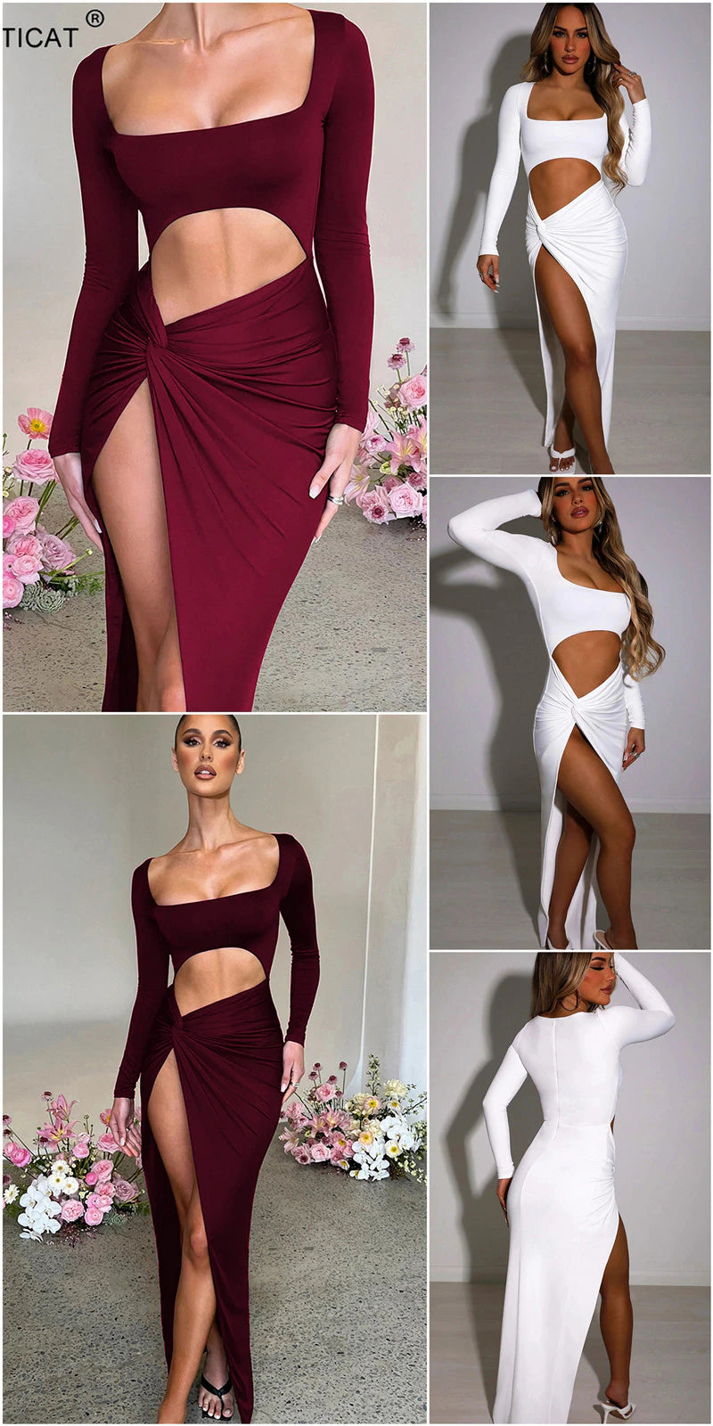 Articat Sexy Hollow Out Ruched Women Dress Red Long Sleeve High Slit Maxi Dress Female Autumn Skinny Elegant Party Clubwear 2022, ibuyxi.com