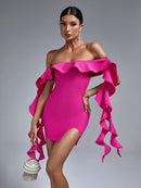 Gorgeous Ruffles Pink Off Shoulder Bodycon Dress, ibuyxi.com