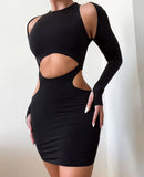 Hollow Out Full Sleeve O-Neck Mini Dress, iBuyXi.com