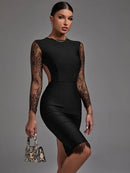 Black Lace Backless Long Sleeve Bodycon Dress, ibuyxi.com