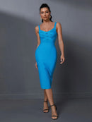 Blue Bandage Midi Party Dress – Mesh Insert Bodycon