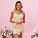 Lace Sweetheart Neck Mini Dress For Women Sexy Tie Straps Sleeveless Party Fitted Slit Bodycon Dress 2023 Summer Female Dress, ibuyxi.com