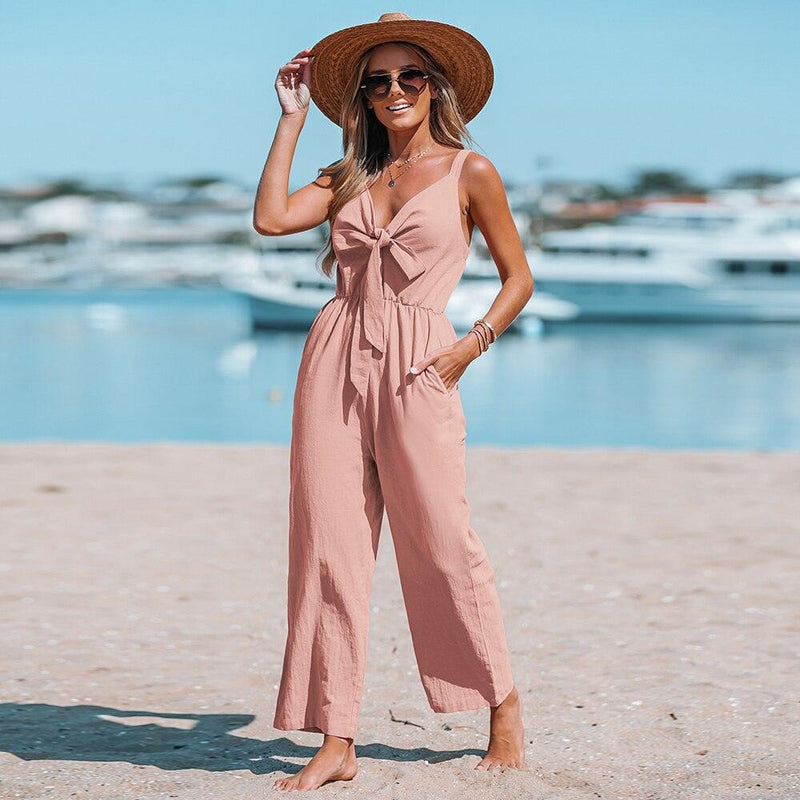 Cotton Bow V-Neck Wide Straps Jumpsuit For Women Sexy Straight Leg Long Playsuit 2023 Summer Overalls Romper Jumpsuit, ibuyxi.com