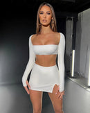 Square Collar Full Sleeve Crop Top Mini Skirt Set, ibuyxi.com