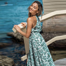 Green Tropical Leaf Print Halter Maxi Dress For Women Sexy Elasticized Waist Long Beach Holiday A-line Dress Summer Sundress, ibuyxi.com