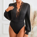 MISS PETAL Plunge Neck Lace Bodysuit For Woman Solid Black Sexy Long Sleeve Bodysuit Jumpsuits 2023 Female Spring Autumn Rompers, ibuyxi.com