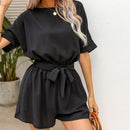 Black Belted Backless Romper For Women Sexy Boat Neck Short Sleeve Short Playsuit 2023 Spring Summer Bodysuit Jumpsuit Overalls, ibuyxi.com