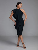 Elegant Black Ruffle Midi Bodycon Dress, ibuyxi.com