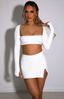 Square Collar Full Sleeve Crop Top Mini Skirt Set, iBuyXi.com