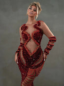 Crimson Sparkle Beaded Chain Maxi Dress