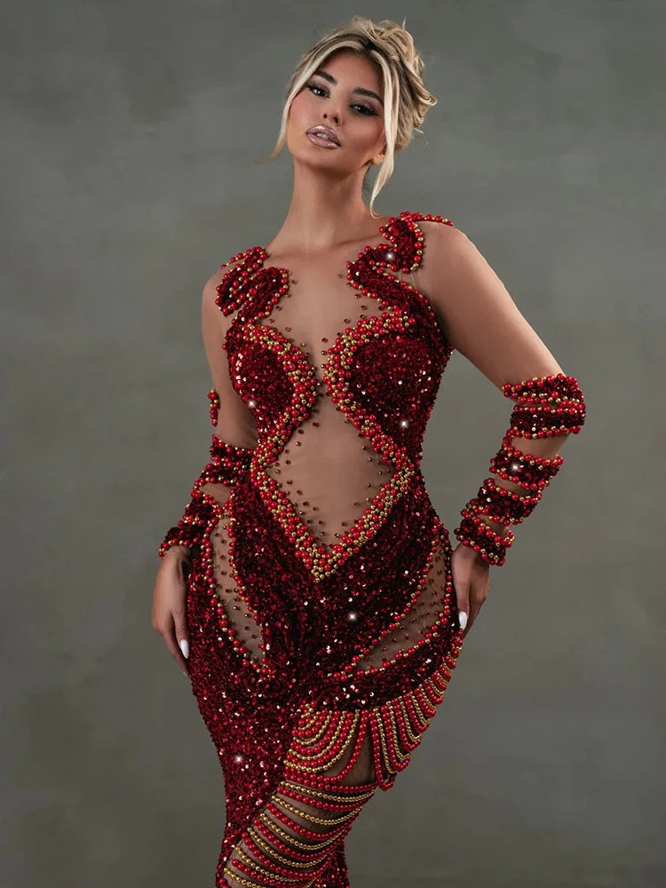 Crimson Sparkle Beaded Chain Maxi Dress