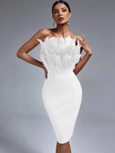 Elegant Pink Feather Midi Bandage Bodycon Dress, ibuyxi.com