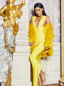 Elegant Yellow Deep V Neck Bandage Dress, ibuyxi.com