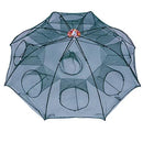 Green fishing trap with umbrella-like structure on a white background