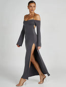 Mozision Elegant Gray Off Shoulder Maxi Dress, iBuyxi.com