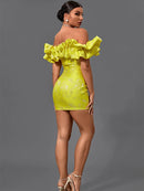 High Quality Yellow Jacquard Ruffle Mini Dress. ibuyxi.com