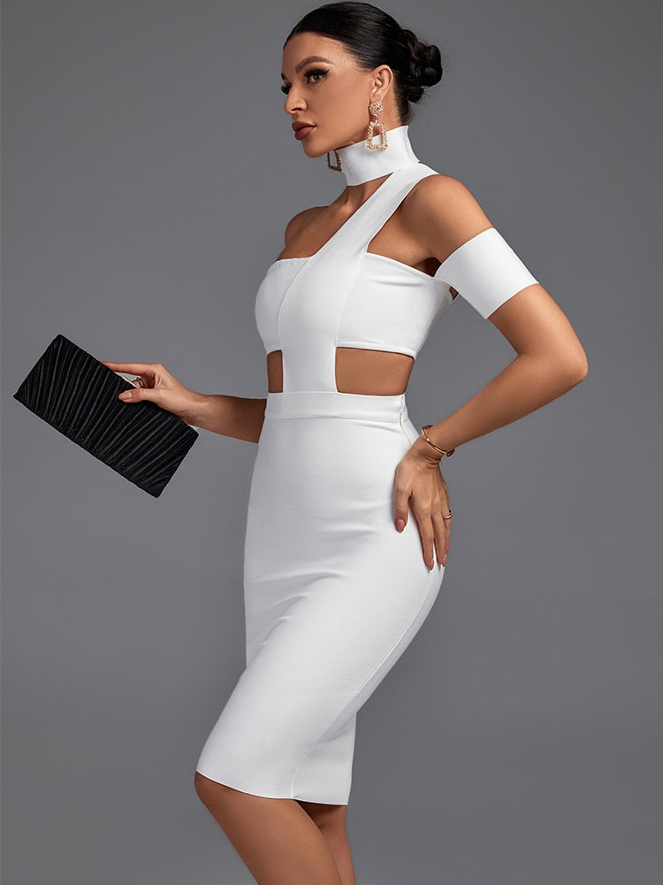 High Neck White Bandage Bodycon Elegant Outfit, ibuyxi.com