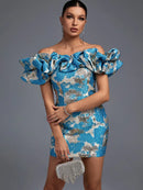 High Quality Yellow Jacquard Ruffle Mini Dress. ibuyxi.com