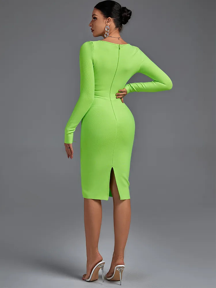 Green Bodycon Long Sleeve Bandage Midi Dress, iBuyxi.com