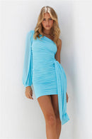 One Shoulder Backless Robe Two Layer Oblique Neck Ruched Mini Dress, ibuyxi.com