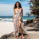 Floral Print Pleated Maxi Dress For Women Sexy V-neck Backless Long Beach Holiday A-line Split Dress 2023 Summer Sundress, ibuyxi.com