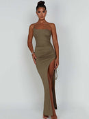 Articat Drawstring High Slit Dress Women Sexy One Shoulder Slim Elastic Maxi Bodycon Party Pleated Vestidos Female Dresses, ibuyxi.com
