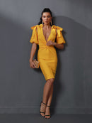 Draped Deep V Neck Yellow Bodycon Outfit, ibuyxi.com
