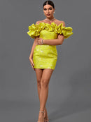 High Quality Yellow Jacquard Ruffle Mini Dress. ibuyxi.com