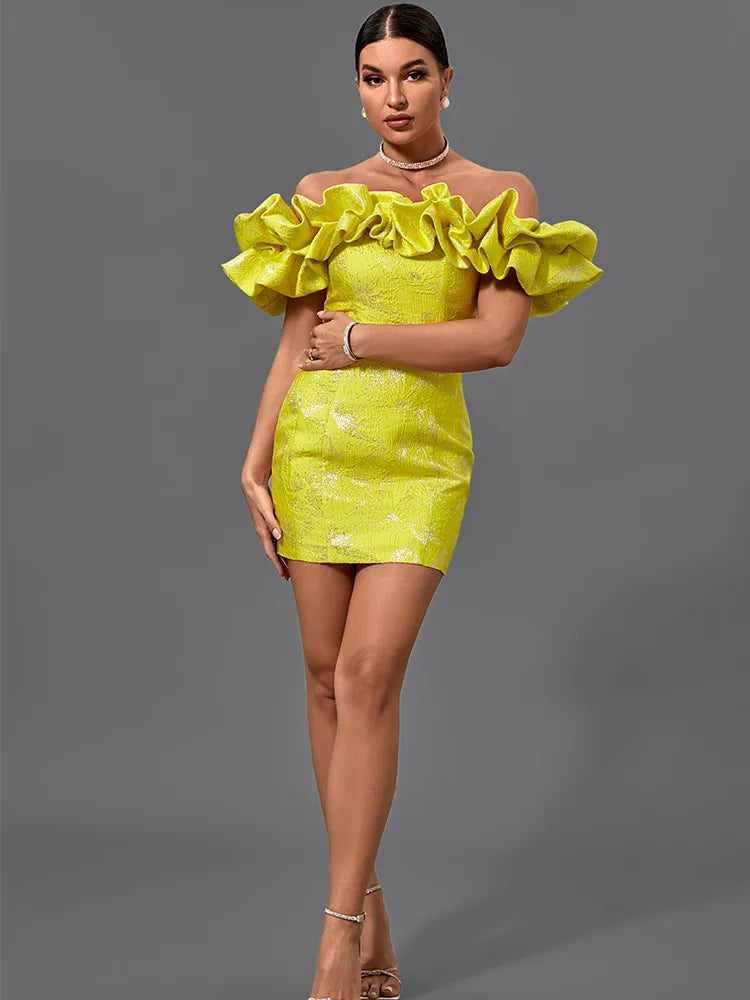 High Quality Yellow Jacquard Ruffle Mini Dress. ibuyxi.com