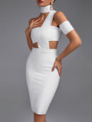 High Neck White Bandage Bodycon Elegant Outfit, ibuyxi.com