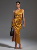 Draped Stain One Shoulder Midi Dress, ibuyxi.com