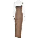 Articat Drawstring High Slit Dress Women Sexy One Shoulder Slim Elastic Maxi Bodycon Party Pleated Vestidos Female Dresses, ibuyxi.com