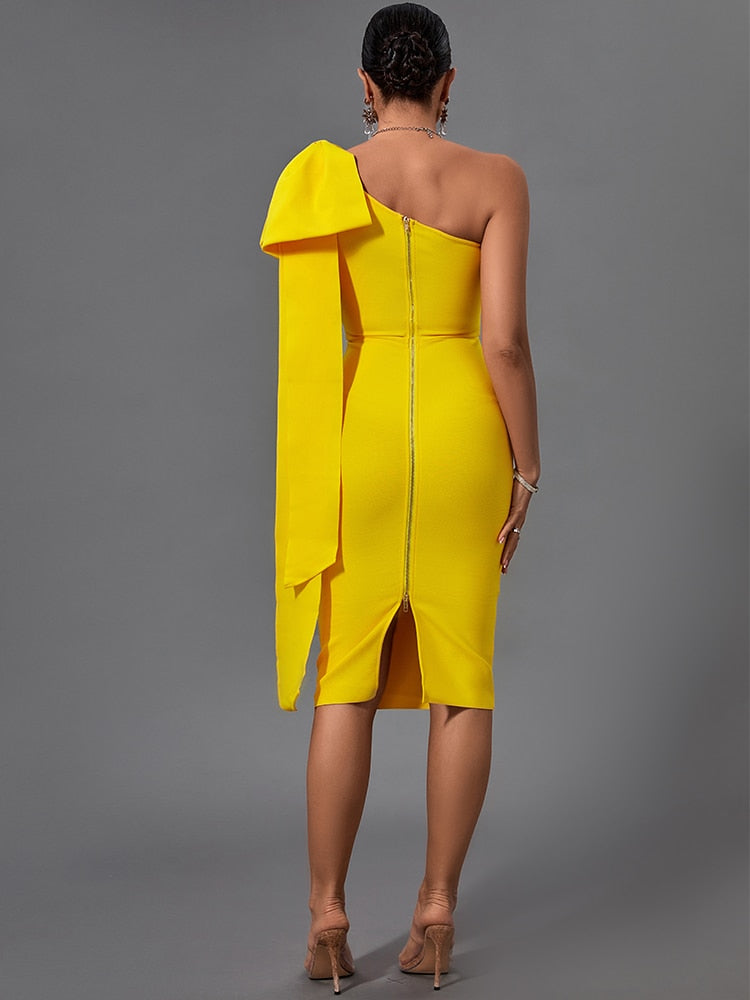 Yellow Long Sleeve Bowknot Bandage Dress, ibuyxi.com