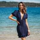 Navy Blue Ladder Cutout Mini Dress For Women Sexy Puff Short Sleeve Holiday Beach A-line Bodycon Dress 2023 Summer Female Dress, ibuyxi.com