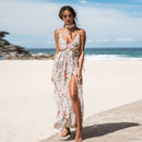 Floral Print Pleated Maxi Dress For Women Sexy V-neck Backless Long Beach Holiday A-line Split Dress 2023 Summer Sundress, ibuyxi.com